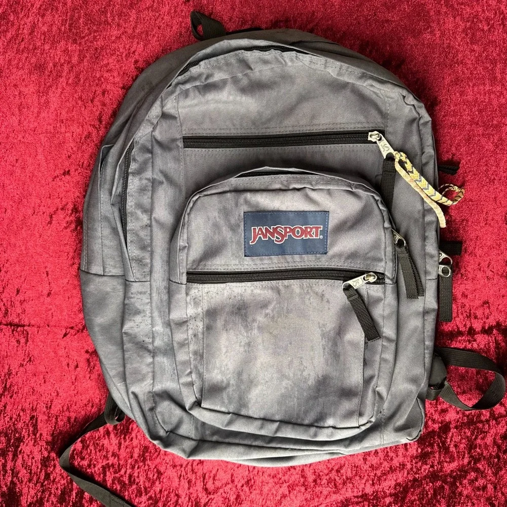 JanSport Big Student Backpack Men Gray Outer Pockets Adjustable Strap For Laptop